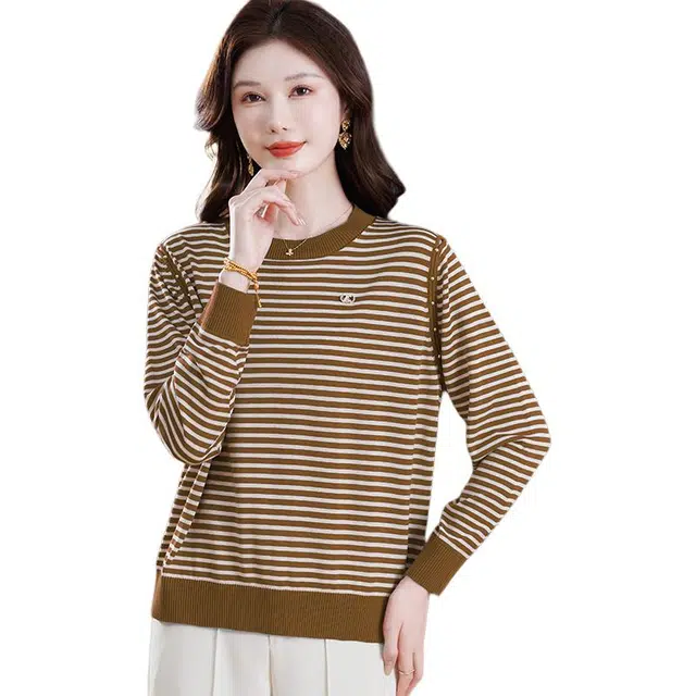 袋鼠 时尚百搭宽松圆领撞色条纹印花套头长袖打底针织衫 女款