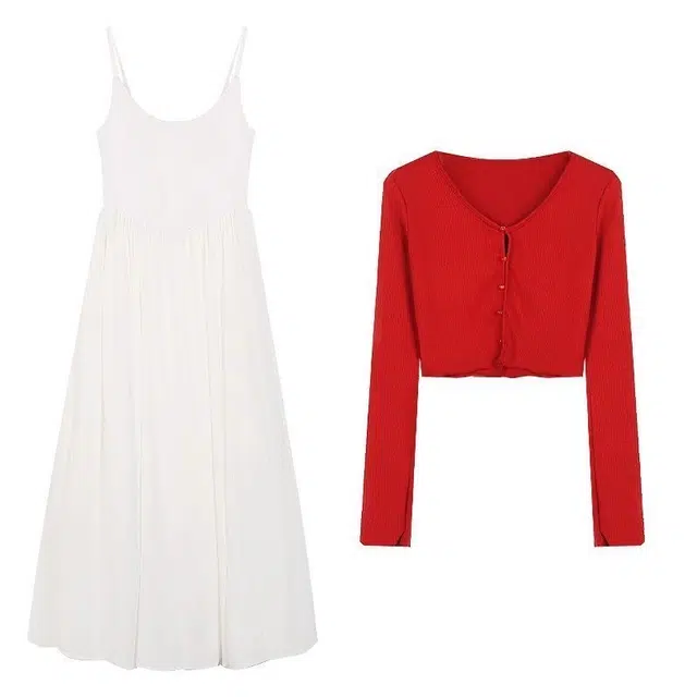 木清清 温柔风连衣裙初恋长裙薄款长袖开衫两件套裙装套装 女款