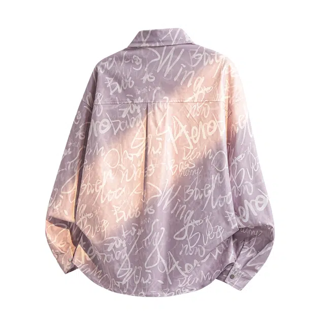 敦煌博物馆 美式高街复古潮牌宽松翻领开衫学院风满印字母痞帅休闲时尚百搭大码长袖衬衫外套 男女同款