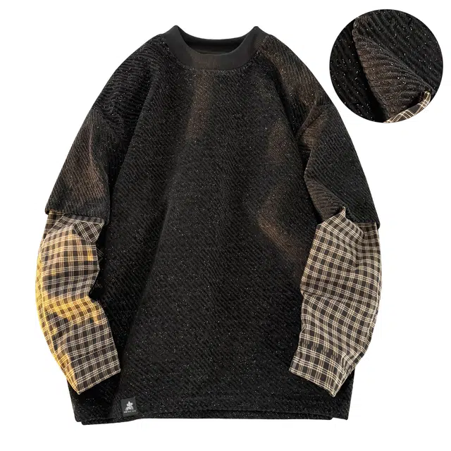 稻草人 美式复古大码假两件格纹撞色银丝斜纹满天星面料拼接设计高街圆领落肩套头秋季卫衣 男女同款