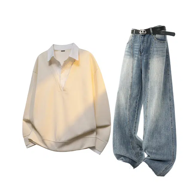 梓润格 美式炸街氛围翻领商务休闲简约时尚潮流日常百搭户外运动高级宽松酷飒帅气舒适校园风高街设计感弯刀裤穿搭卫衣套装 男女同款