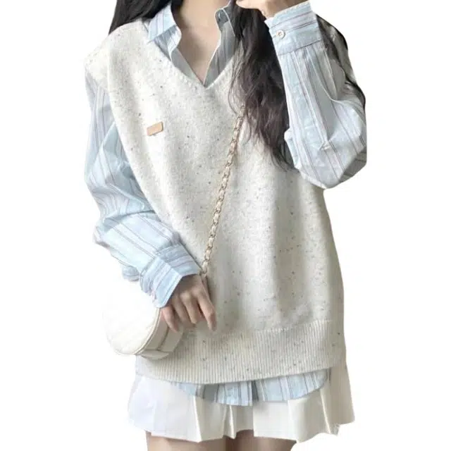 黛尔佳人 学院风小个子洋气少女奶糯茶系穿搭一整套衬衫马甲半身短裙三件套裙装套装 女款