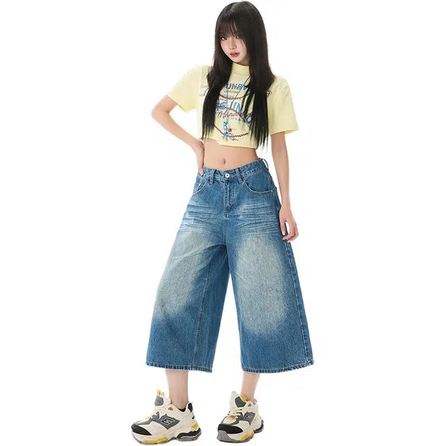 拾个壹先生 美式复古水洗高腰阔腿宽松显瘦百搭休闲七分牛仔裤 男女同款