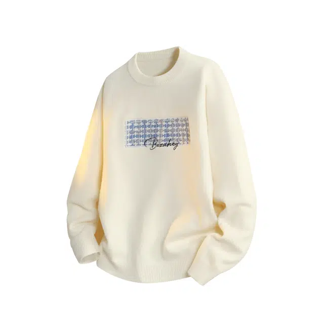 吾皇猫 韩系潮牌小众高级感字母贴布绣慵懒软糯舒适亲肤宽松内搭保暖休闲圆领套头打底针织衫毛衣 男女同款