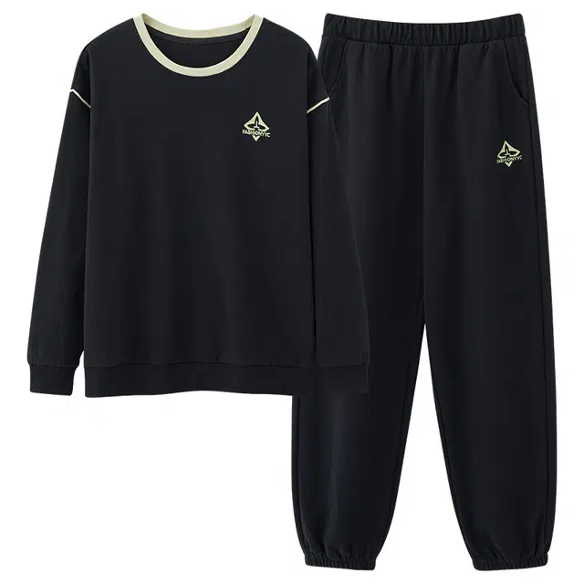 俏霓桐 春秋款简约拼色纯棉亲肤时尚休闲舒适百搭带胸垫长袖长裤家居服可外穿睡衣套装 女款