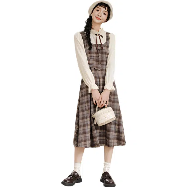 荟萃阁 通勤森系复古假两件格纹女秋冬季打底内搭气质时尚裙子长袖连衣裙 女款