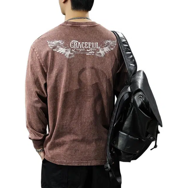 前进牛 秋季美式休闲经典复古潮牌高街风痞帅重磅水洗印花潮流纯棉宽松卫衣 男女同款