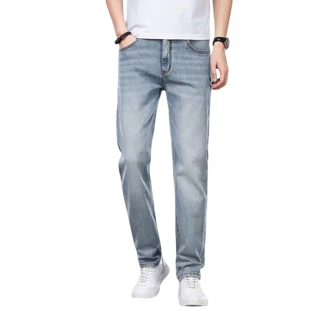 特斯型 高端天丝男弹力百搭小直筒夏季薄款浅色修身裤子冰丝休闲男裤长牛仔裤 男款