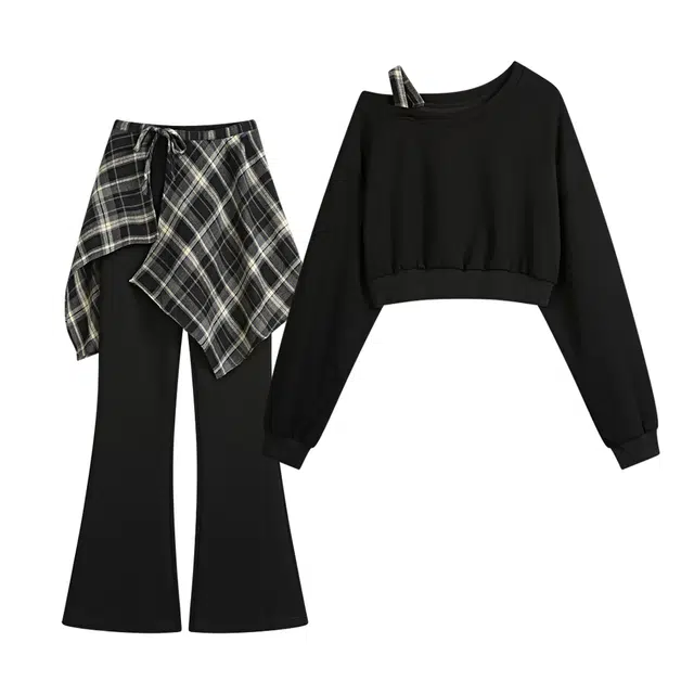 木清清 日常洋气时尚短款长袖卫衣屁帘微喇长裤休闲套装 女款