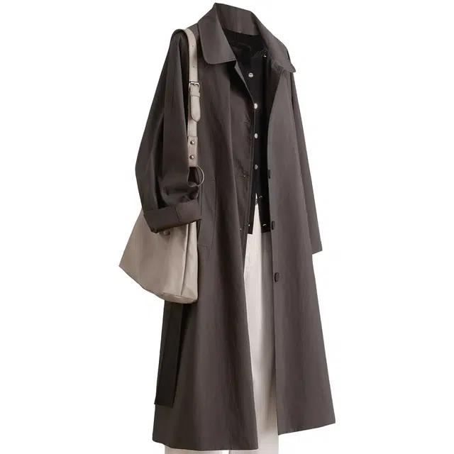 她池 通勤复古风翻领单排扣气质纯色中长款长袖风衣 女款