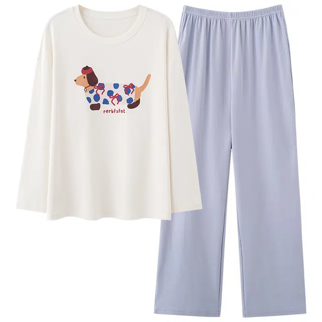 俏霓桐 春秋款可爱卡通腊肠狗纯棉亲肤休闲简约甜美带胸垫长袖长裤家居服可外穿睡衣套装 女款