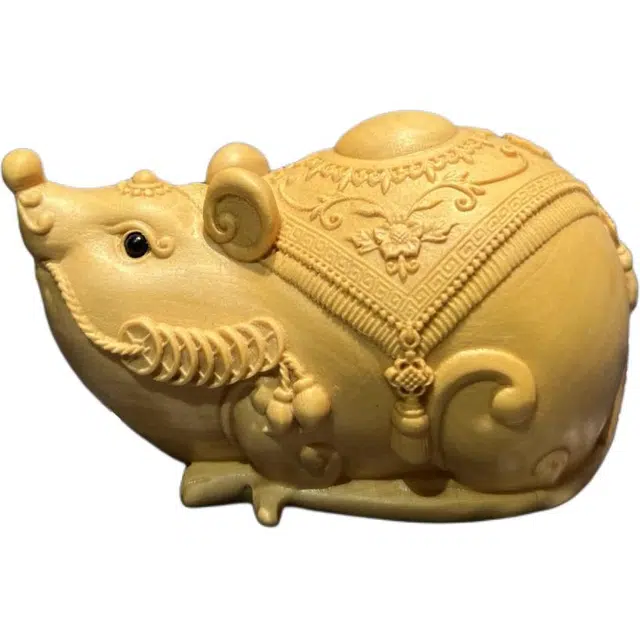 得笙陌 鼠来宝国潮招财转运木雕手把件好运生肖 黄杨木 摆件 男女同款情侣款