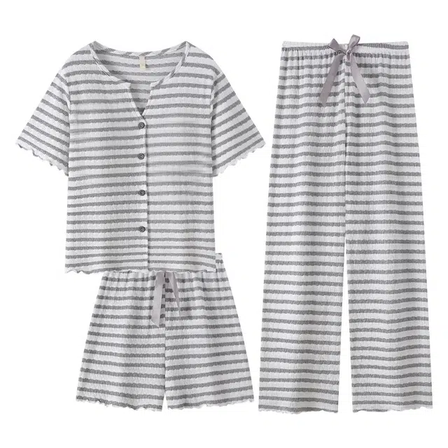 俏韵 条纹甜美带胸垫短袖家居服可外穿睡衣套装 女款 灰色