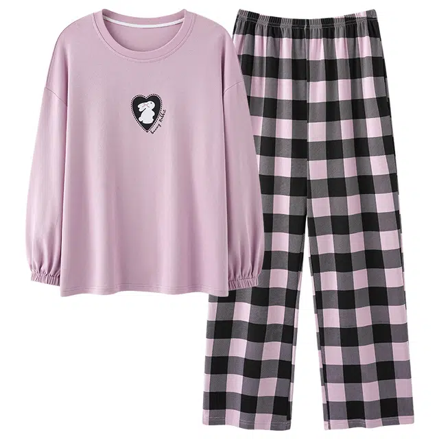 俏霓桐 春秋款可爱小兔纯棉亲肤甜美拼色格子休闲简约带胸垫长袖长裤家居服可外穿睡衣套装 女款