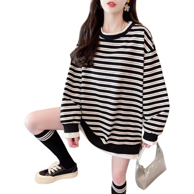 木清清 条纹女士春秋款假两件大码薄款设计感长袖上衣潮品卫衣 女款