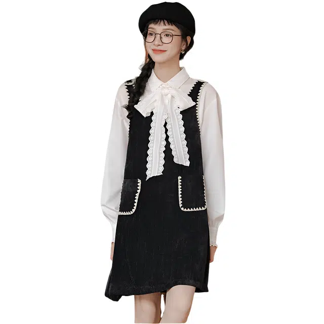 荟萃阁 法式衬衫背心裙女宽松衬衣连衣裙两件套裙装套装 女款