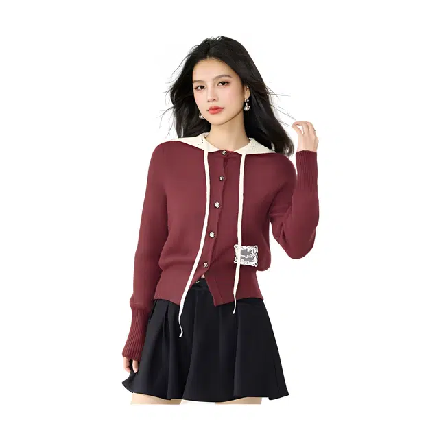 荟萃阁 优雅复古秋季镂空连帽舒适针织衫 女款