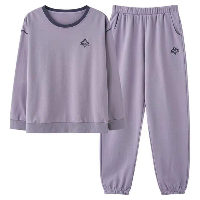 俏霓桐 春秋款简约时尚纯棉亲肤休闲百搭宽松舒适带胸垫长袖长裤家居服可外穿睡衣套装 女款