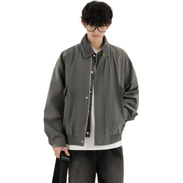 冈哉 美式复古翻领经典工装假两件痞帅个性潮流慵懒感日常通勤柔软舒适亲肤机车飞行夹克 男女同款