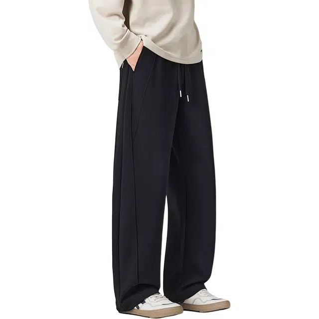 协协乐 美式高街基础款纯色潮流卫裤秋冬中腰宽松阔腿直筒显高显瘦弯刀垂感针织运动长裤休闲裤 男款