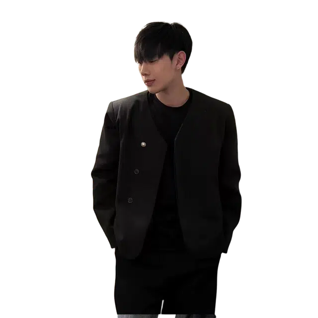 一碗士多 无领纯色三粒扣不规则垫肩暗黑风韩系设计感高级感简约山本风潮流百搭显瘦时尚冷淡系穿搭西装 男女同款