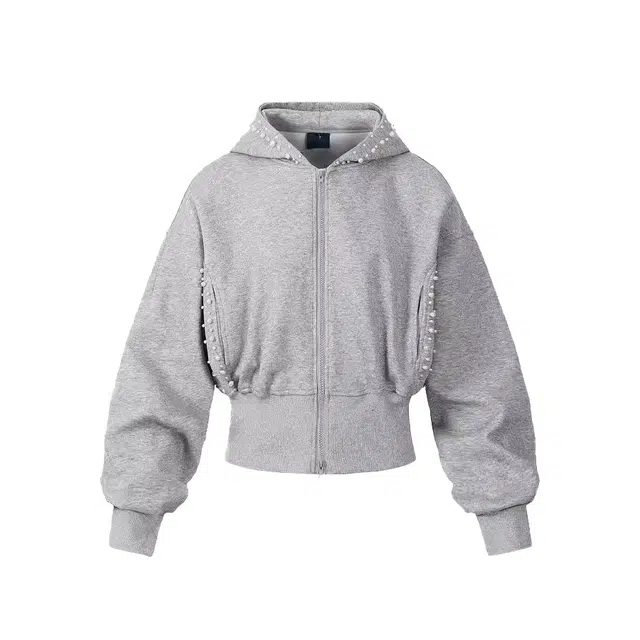 哒头下雨不愁 美式复古设计感宽松连帽珍珠钉珠开衫秋季百搭外套卫衣 女款