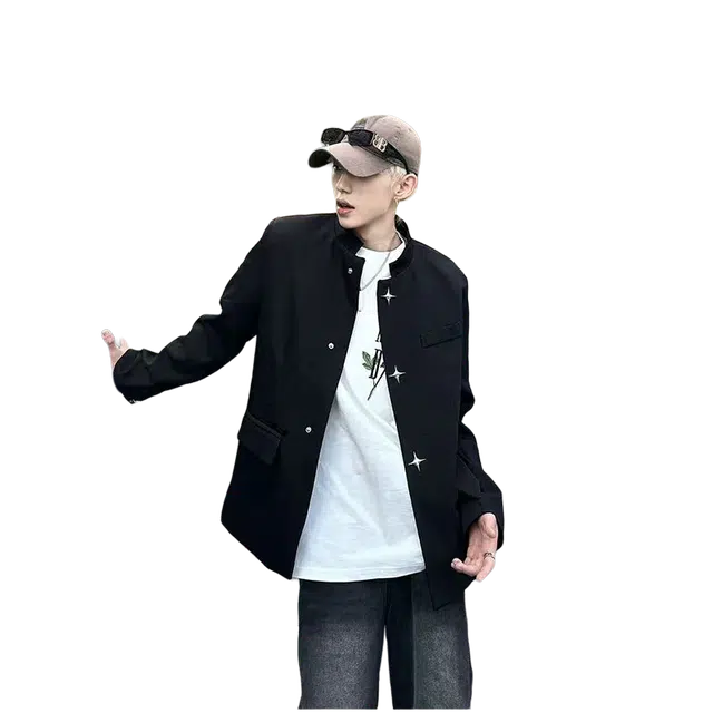 一碗士多 垫肩十字金属扣新中式中山装立领显瘦潮流百搭时尚设计感痞帅高级感国潮外套简约西装 男女同款