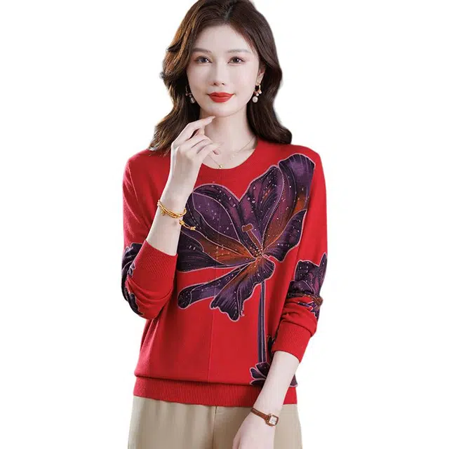 袋鼠 舒适时尚百搭宽松显瘦圆领质感印花长袖套头打底针织衫 女款