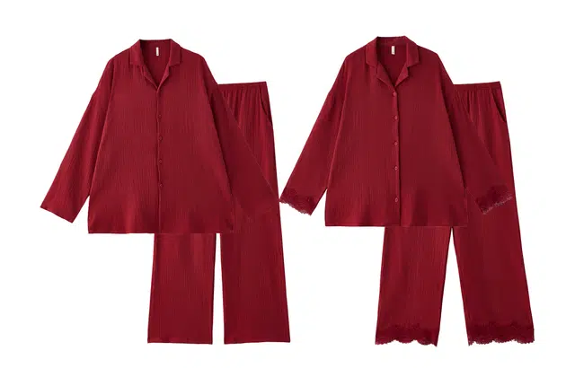 俏薇妮 舒适结婚新婚春秋女带胸垫一体纯棉纱布长袖睡衣套装 女款