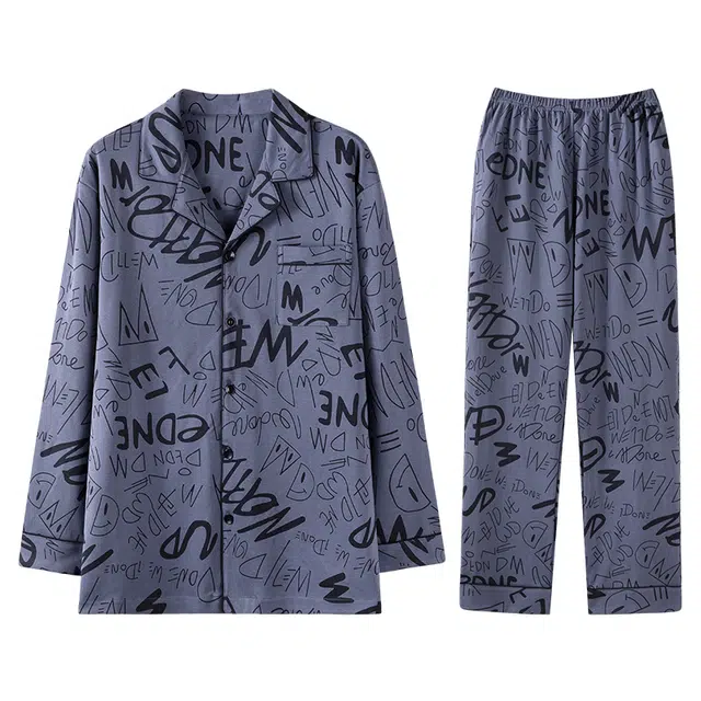 向薇 男士网红风纯棉薄款青少年春夏秋季长袖长裤男生家居服 睡衣套装 男款