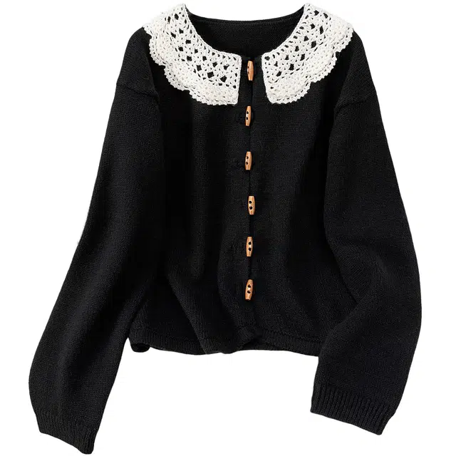 丝柏舍 撞色钩花翻领宽松款单排扣简约短款落肩长袖针织衫 女款