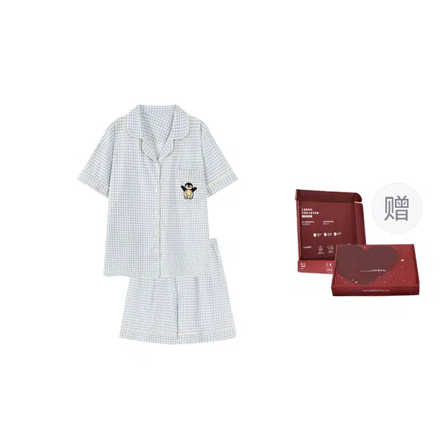 顶瓜瓜 家居简约舒适短袖短裤卡通企鹅印花格子服睡衣礼盒 男女同款