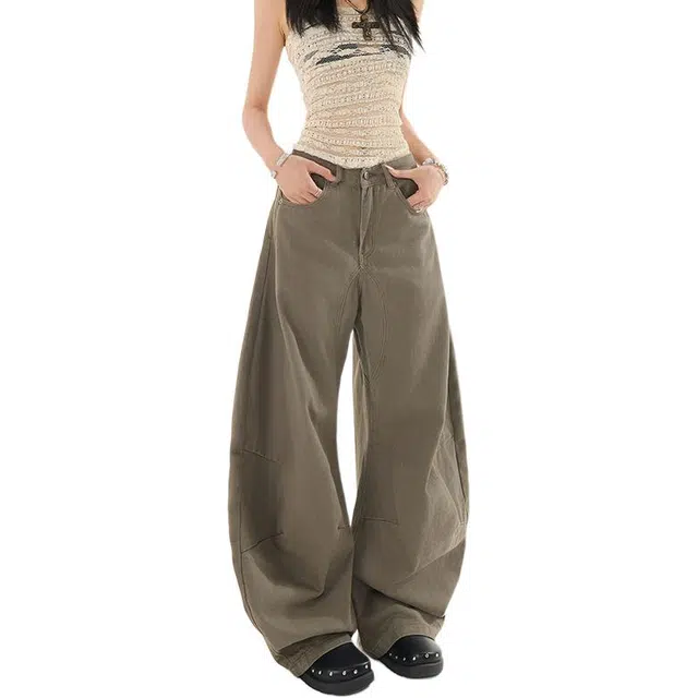 拾个壹先生 美式高街复古水洗做旧弯刀高腰宽松镰刀裤阔腿休闲百搭牛仔裤 男女同款