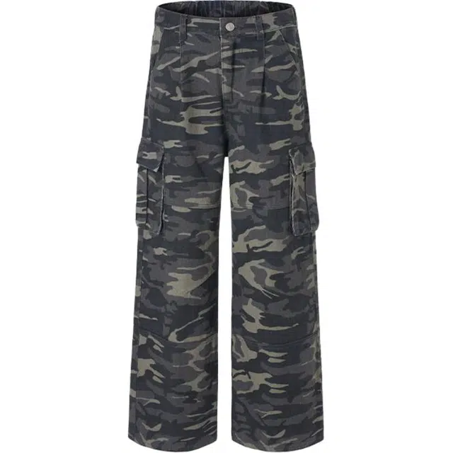 潮人榜 美式复古松紧腰多口袋宽松直筒迷彩弯刀工装裤潮牌休闲个性嘻哈香蕉裤牛仔裤 男款