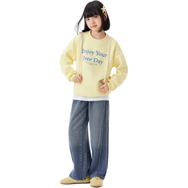 左西牛仔裤 水洗棉柔透气 收裥设计宽松直筒裤 百搭舒适潮流 儿童款