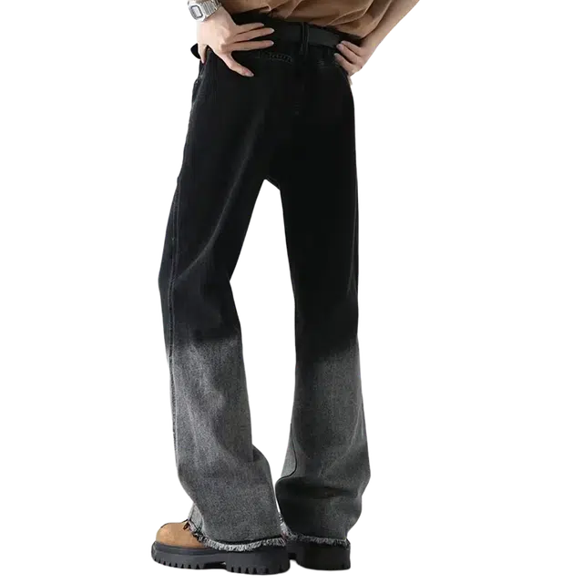 一碗士多 美式经典复古高街小众百搭做旧水洗渐变拼接设计痞帅通勤户外宽松微喇显高显瘦垂感拖地阔腿直筒裤子牛仔裤 男女同款