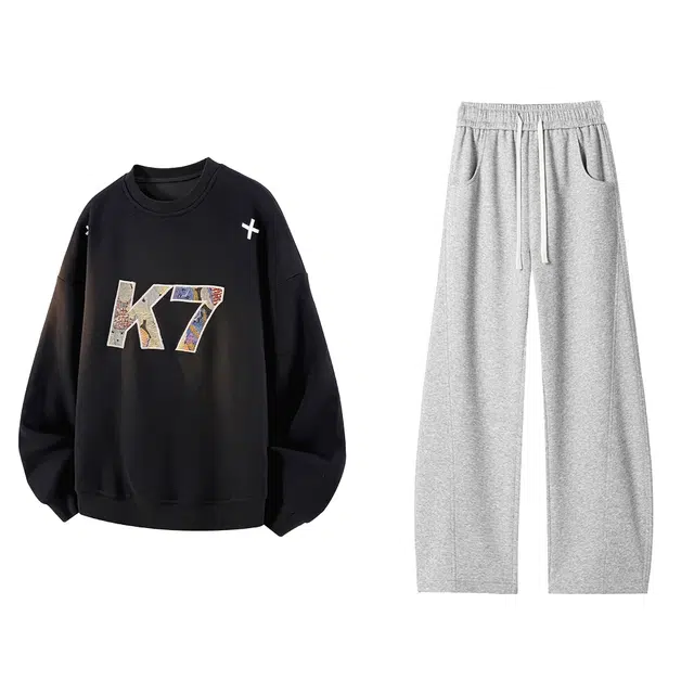 哲源 美式复古字母贴布刺绣圆领重磅设计感拼接阔腿弯刀裤日常百搭宽松舒适长袖长裤休闲运动套装 男女同款