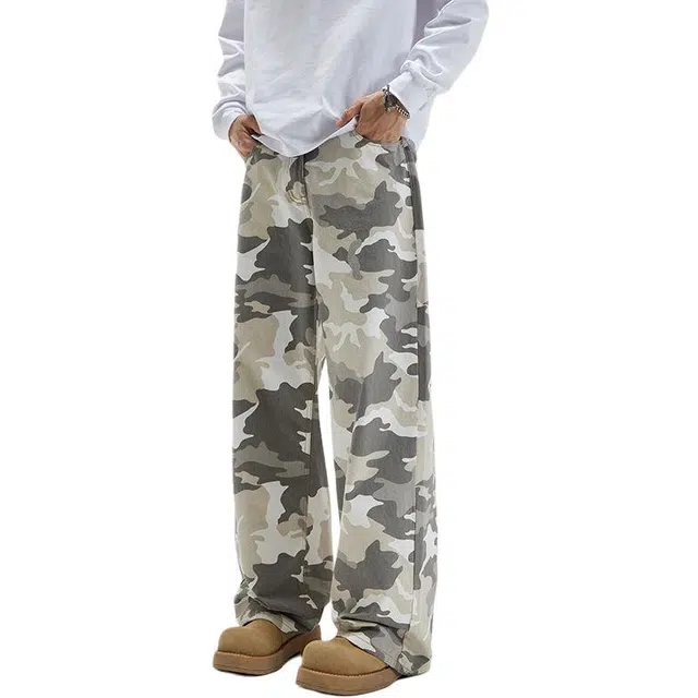 潮人榜 美式高街嘻哈潮牌百搭宽松直筒阔腿微锥裤子迷彩休闲裤 男女同款