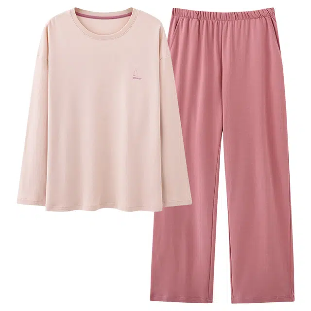 俏霓桐 春秋款简约纯色亲肤纯棉舒适运动休闲百搭带胸垫长袖长裤家居服可外穿睡衣套装 女款