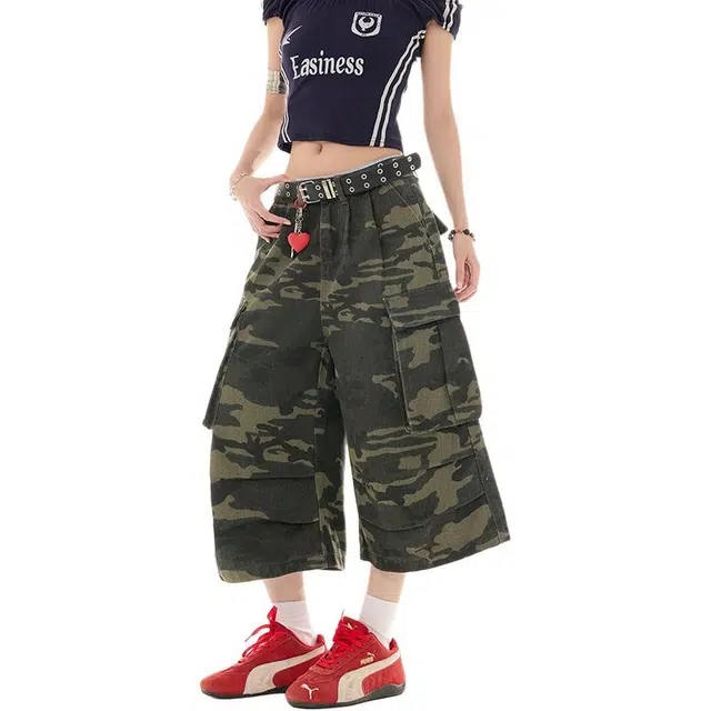 拾个壹先生 美式复古多口袋迷彩工装宽松直筒休闲显瘦阔腿七分牛仔裤 男女同款