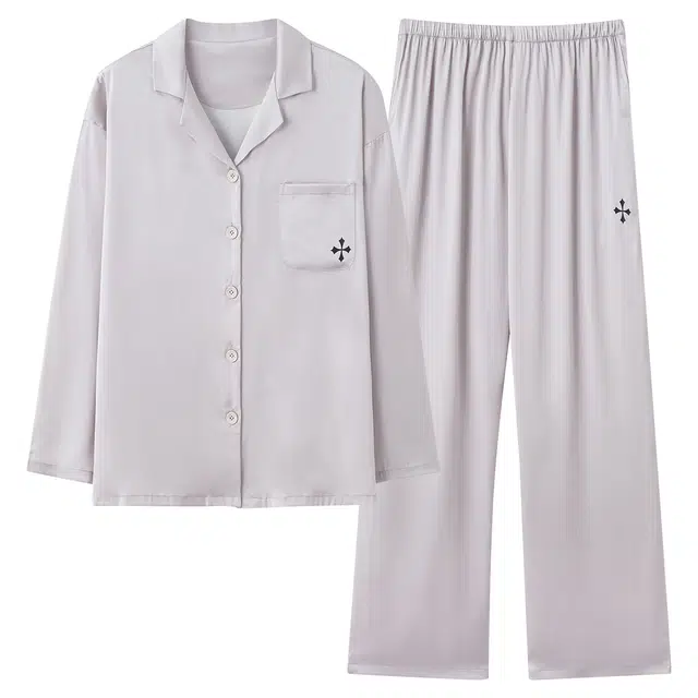 宫蝶 柔软冰丝长袖简约家居服宽松休闲可外穿开衫睡衣套装 男女同款