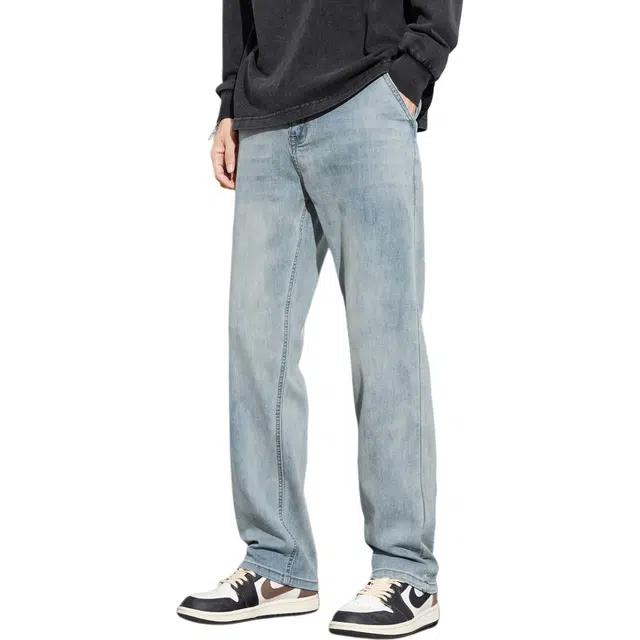 瑞梵帝斯 美式薄款复古水洗做旧高街简约百搭拉链设计潮流宽松直筒舒适显高显瘦休闲垂感裤男生牛仔裤 男款