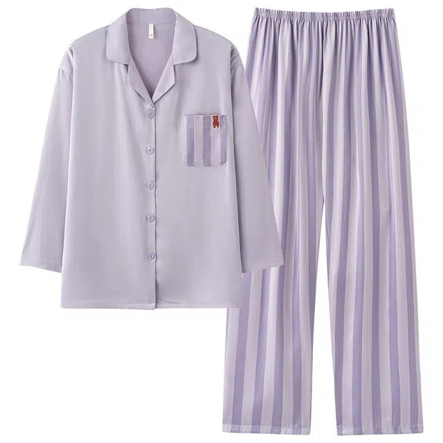宫蝶 冰丝长袖家居服宽松柔软简约条纹休闲可外穿开衫睡衣套装 男女同款