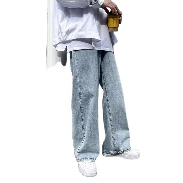 大格子与黑猫 青少年潮流纯色复古长裤子男阔腿潮牌百搭宽松直筒裤拖地牛仔裤 男款