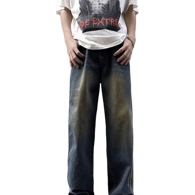 大格子与黑猫 美式高街街头复古潮牌水洗做旧痞帅宽松直筒阔腿长裤牛仔裤 男款