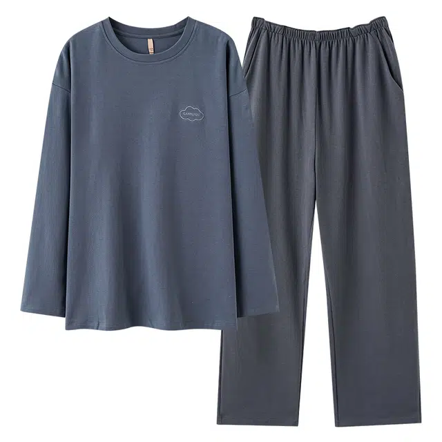 俏霓桐 春秋款时尚纯色纯棉亲肤简约休闲少男少年舒适长袖长裤家居服可外穿睡衣套装 男款