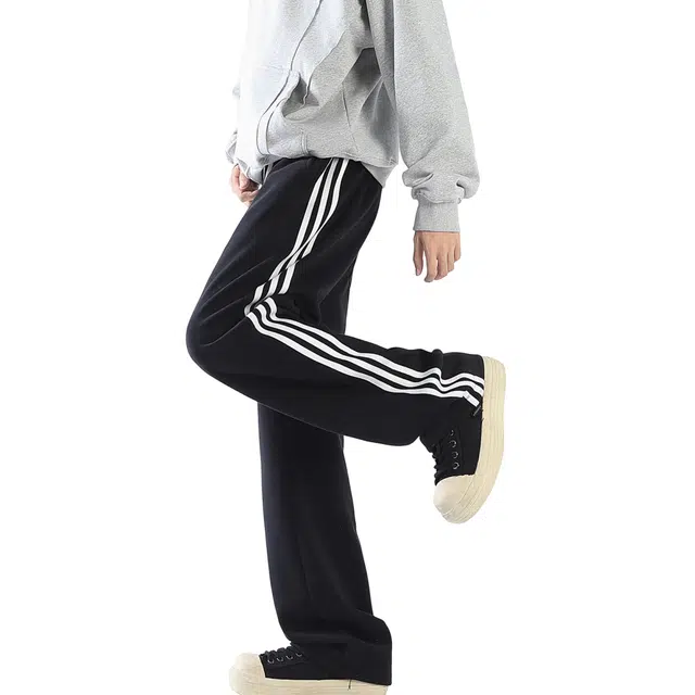北欧攻略 美式学院风拼接三条杠条纹卫裤设计感可束脚两穿直筒针织运动裤休闲裤 男女同款