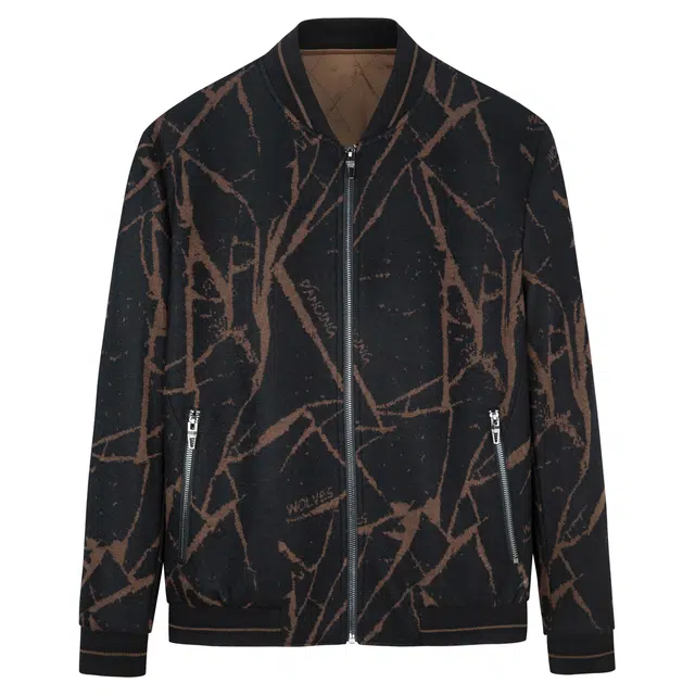 与狼共舞 羊毛柔软亲肤舒适时尚满印个性裂纹百搭棒球领夹克外套 男款