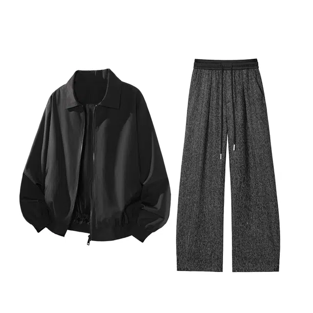 素杭 美式基础纯色简约翻领夹克衫外套松紧腰仿麻弯刀卫裤直筒阔腿裤两件套时尚帅气穿搭一整套休闲运动套装 男女同款