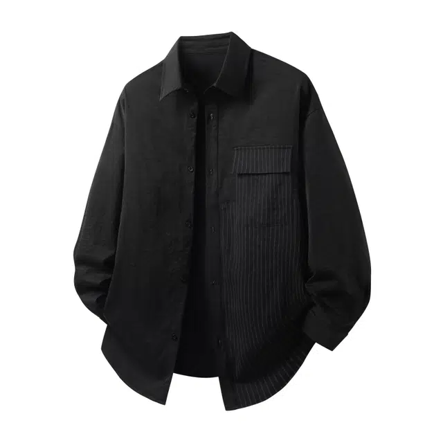 快鱼 美式高街学院风纯色条纹设计简约时尚休闲潮流百搭落肩单排扣长袖衬衫 男女同款